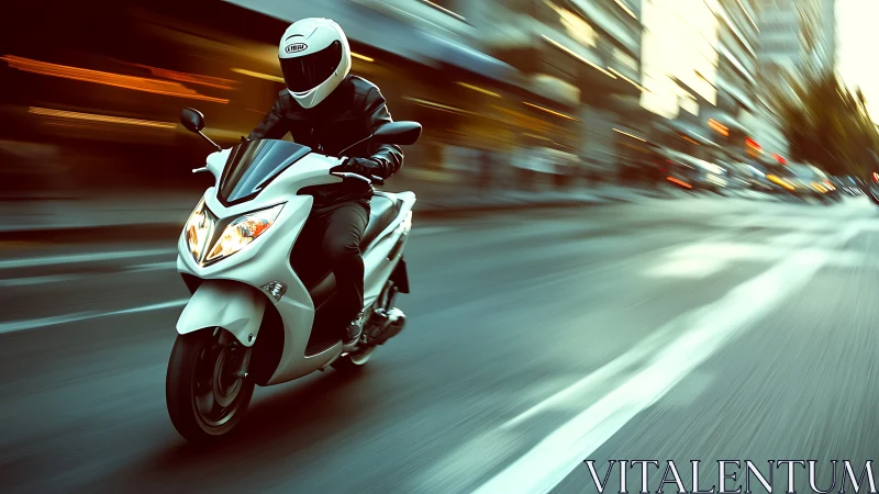 Motorcyclist rides white scooter through blurred city street