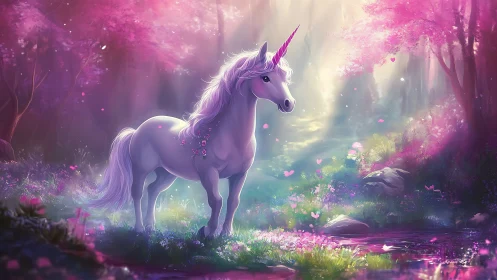 White unicorn stands in glowing pink enchanted forest scene.
