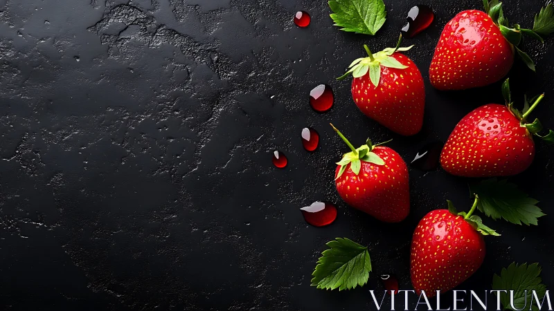 Fresh strawberries on dark stone with glossy highlights.