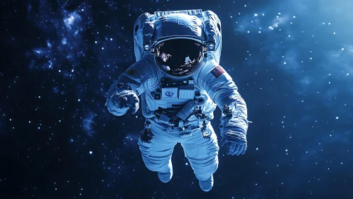 Curious astronaut drifts gently through a dreamy starry sky.
