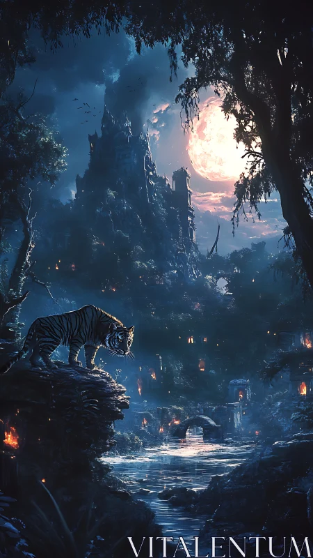 Moonlit tiger watching over an enchanted riverside realm.