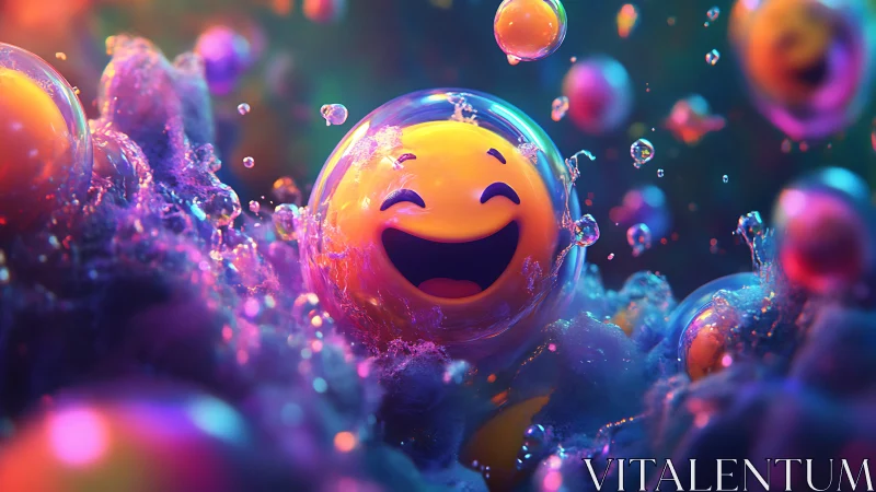 Joyful smiley bubbles dance in glowing neon foam