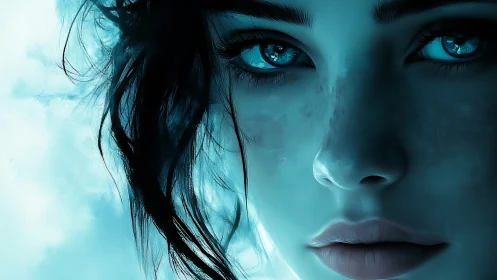 Icy-eyed digital portrait in luminous cyan atmosphere.