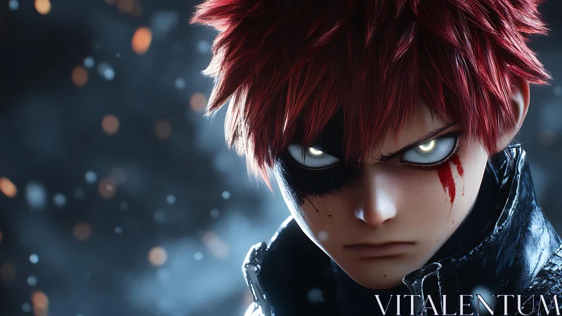 Cinematic close-up of red-haired warrior with glowing eyes