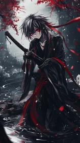 Red-eyed anime swordsman kneels in a storm of falling petals