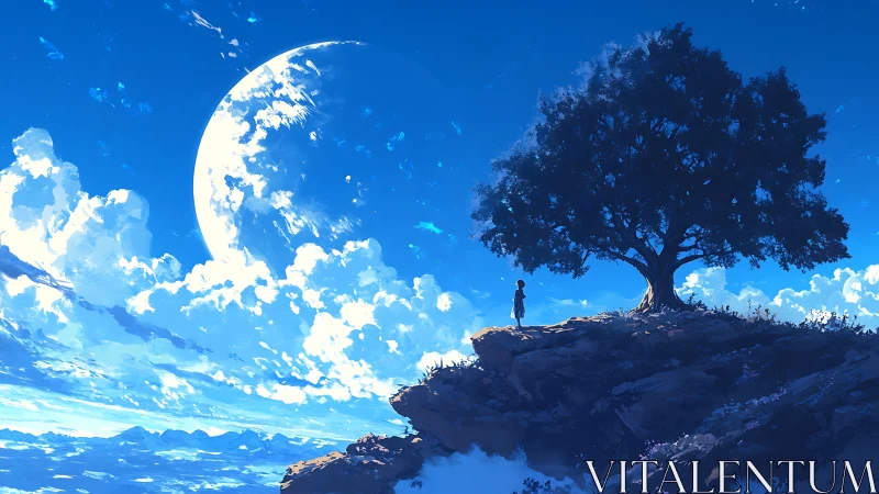 Solitary child beneath vast lunar sky and oak silhouette.