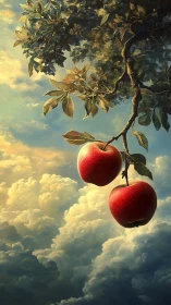 Suspended apples rendered against luminous stratiform cloudscape