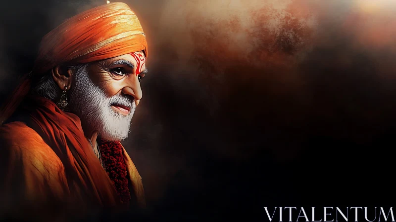 Radiant sage in saffron robes against mystical dusk haze.