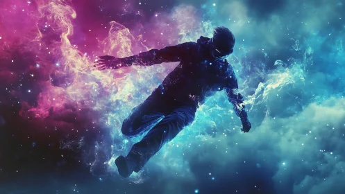 Stargazer in motion drifting through glowing cosmic clouds.