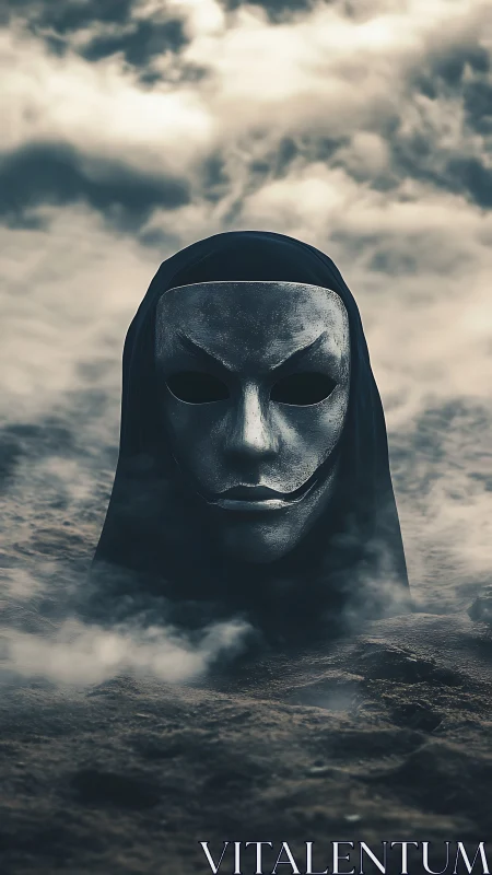 Metallic mask structure is positioned in a foggy barren field