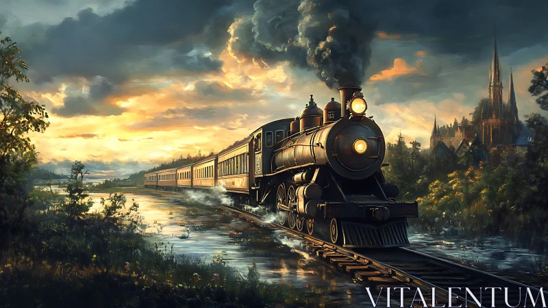 Golden hour steam train rolling through storybook wetlands.