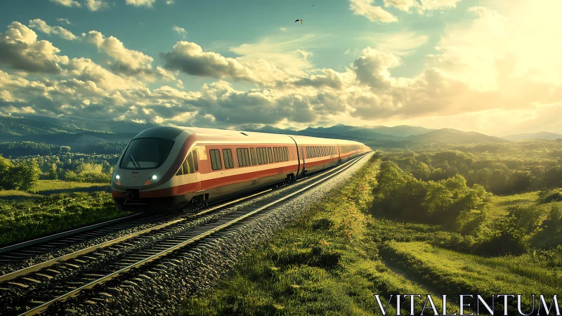 Passenger train moves along double-track railway at sunset light