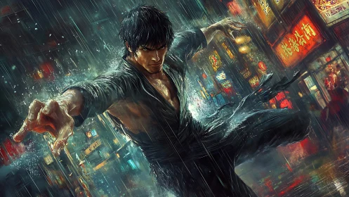 Martial artist mid-kick in neon rain-soaked urban alleyway