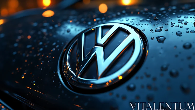 Gleaming car emblem resting under soft evening raindrops.