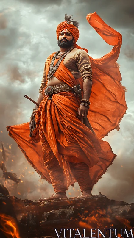 Proud warrior in orange robes stands tall against stormy sky