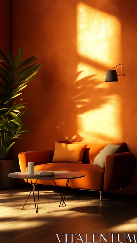Sunlit orange living room corner with sofa and plant