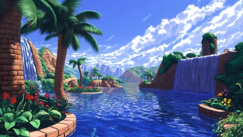 Tropical Island Fantasy Landscape with Waterfalls and Palms.