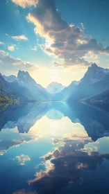 Sunlit mountain lake reflects dramatic clouds in tranquil stillness