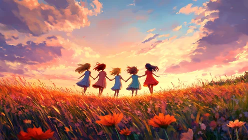 Four Girls Holding Hands in Wildflower Field at Sunset, Digital Art.