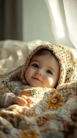 Infant in Knit Bonnet with Patterned Textiles