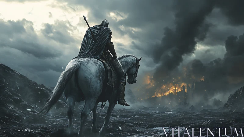 Lone armored rider watching a distant city burn at dusk.