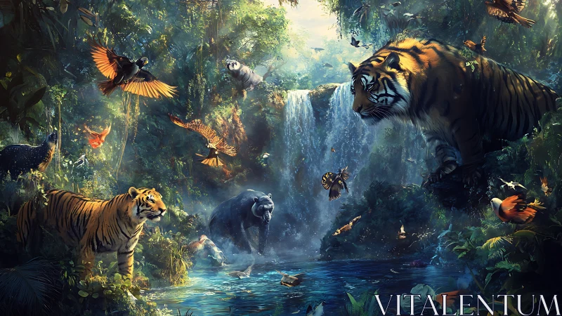 Jungle Sanctuary: Tigers and Wildlife Converge at Forest Waterfall