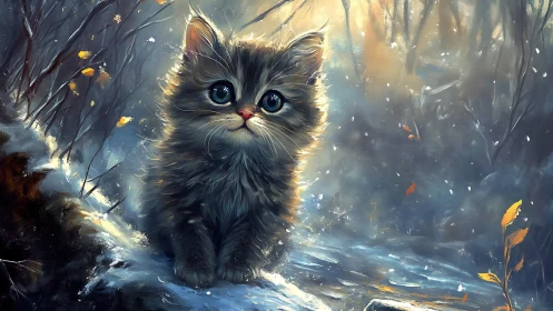 Ethereal Kitten in Luminous Autumn Forest.