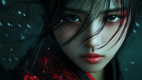 Snowlit warrior gazes through storm-softened strands of night