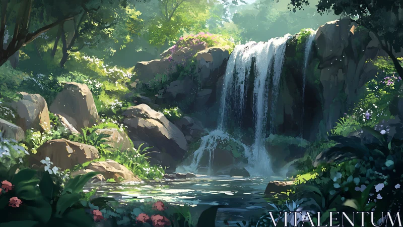 Lush forest waterfall scene with rocks and calm pool.