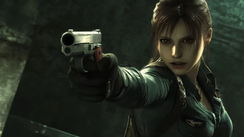 Female character aims silver handgun with intense focus