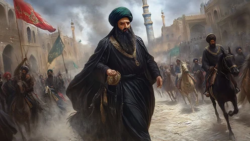 Procession of the Black-clad Emir beneath stormlit minarets.