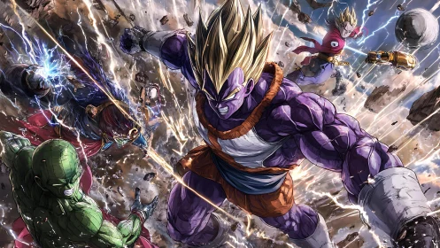 Purple warrior charges forward in a storm of fierce energy.