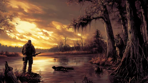 Hunters beside glowing swamp at dramatic sunset sky.