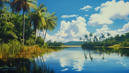 Tropical Paradise: A Serene River Escape Among Palms.