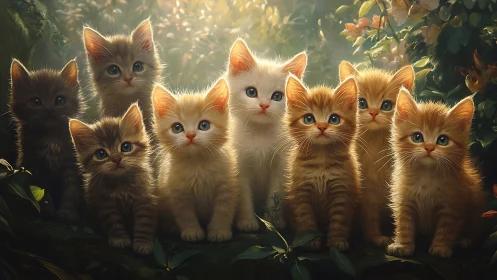 Group of seven kittens in garden setting with backlit foliage.