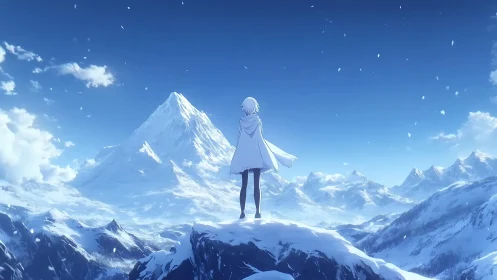 Solitary snow wanderer greeting a vast blue mountain dawn.