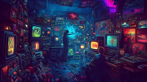 Neon soaked gamer cave crackling with retro techno sorcery.