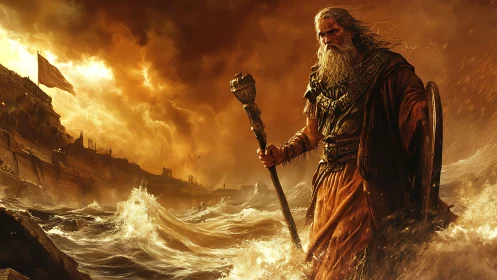 Storm god strides through crashing sea before burning citadel