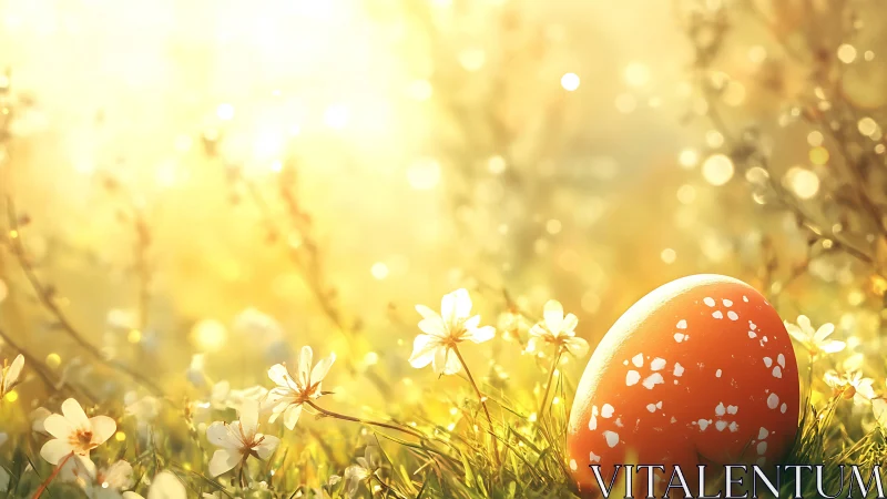 Backlit orange Easter egg in dewy spring meadow at sunrise
