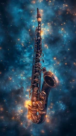 Celestial saxophone suspended amid glowing starfield.
