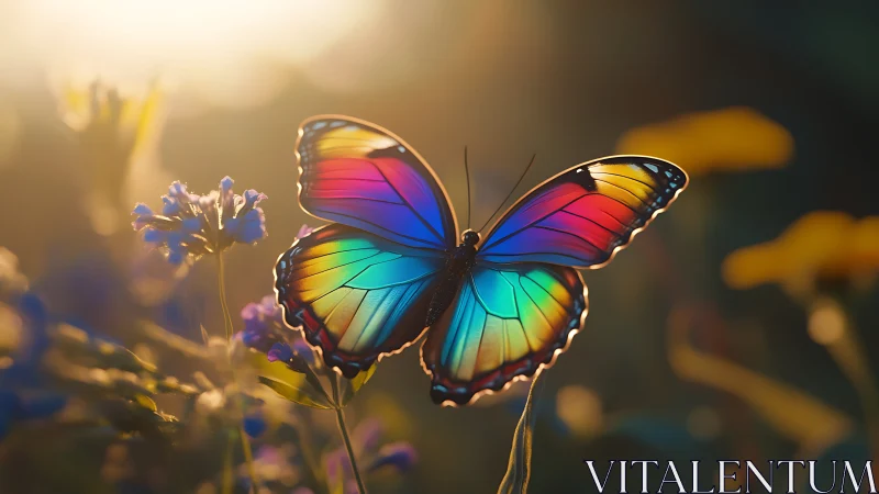 Rainbow butterfly glows over wildflower meadow at sunset.