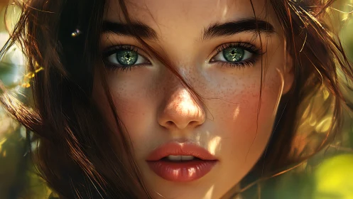 Close frontal portrait depicts digital female face in sunlight