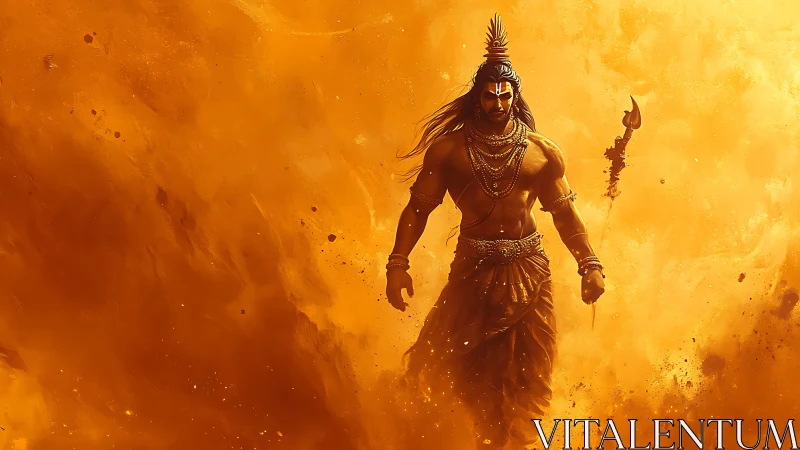 Warrior deity strides through blazing golden storm.