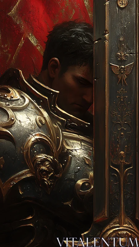 Armored warrior bows in solemn reflection beside gilded blade.