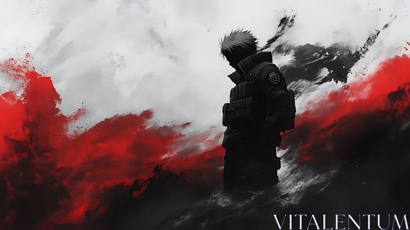 Solitary masked warrior amid abstract red stormscape.