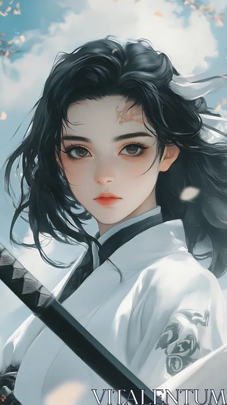 Calm swordswoman holds katana under bright spring sky