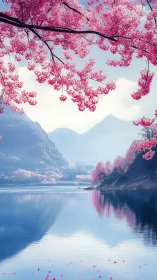Cherry blossom lake with distant mountains under soft light.