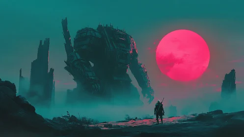 Colossal mech looms over lone wanderer beneath neon sun.