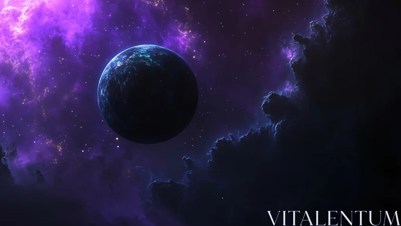 Luminescent exoplanet silhouetted within violet nebula field.