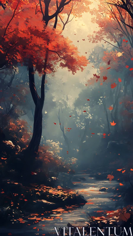 Autumn Forest Stream with Glowing Golden Light.